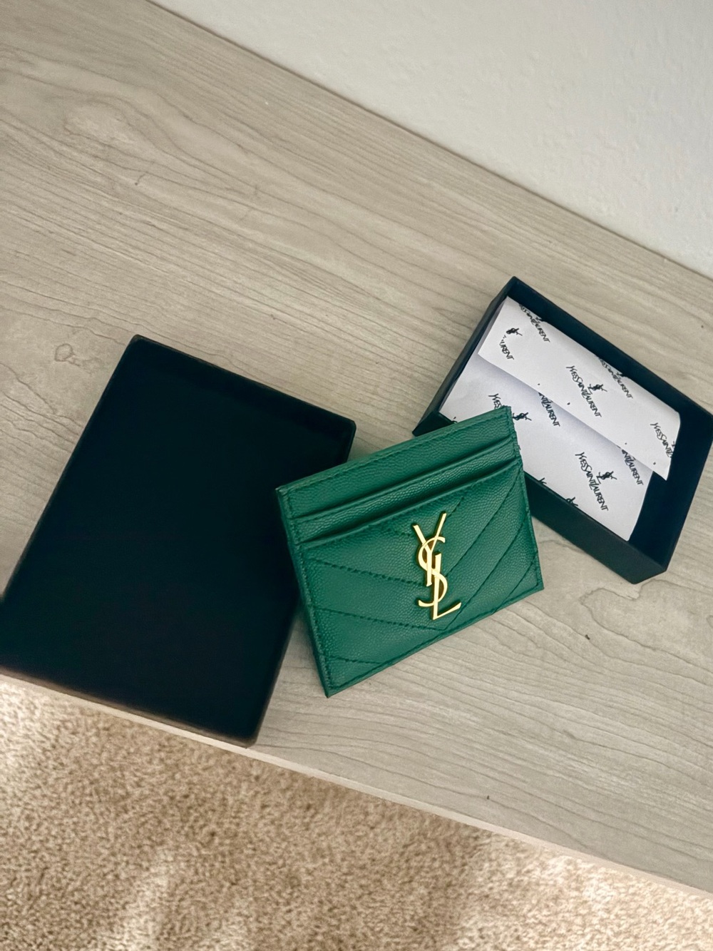 Saint Laurent Green Quilted Card Holder with Gold YSL Emblem